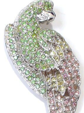 1928 Collection, Pink and Green Vaseline Uranium Glass Parrot Brooch. Vintage